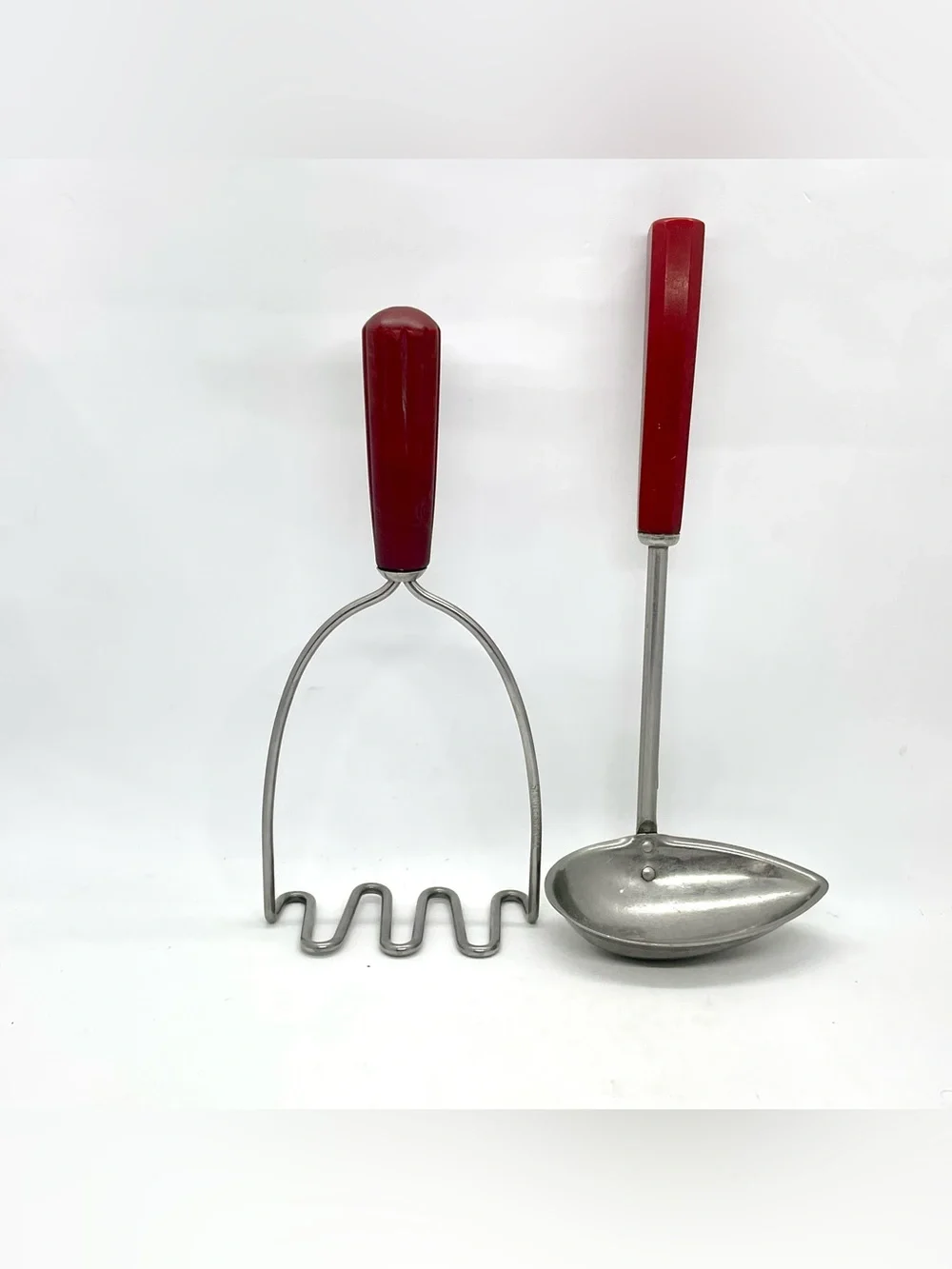 Vintage Red Bakelite Handle Kitchen Utensils Lot - Potato Masher & Gravy Ladle